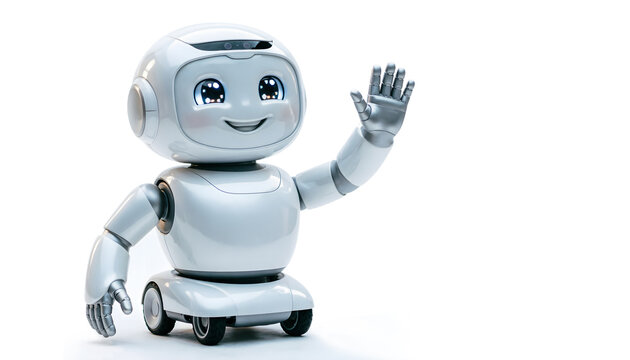 A 3D AI robot confidently raises one arm in an "all clear" signal while displaying a positive expression via LED lights.