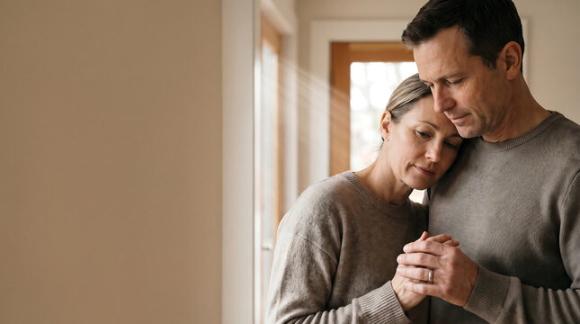 Mature couple shares a quiet, tender moment indoors, finding intimacy and comfort in each other's presence during a shared emotional experience.