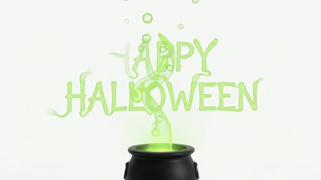 Black cauldron emitting green smoke forming happy halloween text on white background displaying a digital illustration for seasonal holiday celebrations.
