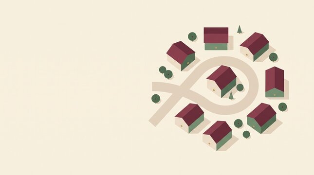 Minimalist isometric vector of a residential community cul-de-sac with houses and green trees