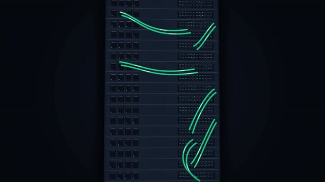 Minimalist Server Rack with Glowing Green Cables for Data Center and Cloud Technology Concept