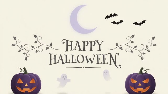 Halloween greeting featuring purple jack o lanterns and friendly ghosts flanking text below bats and a crescent moon on a light background.