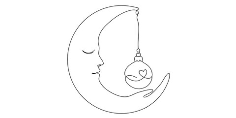 Minimalist sleeping crescent moon holding heart dream bulb line art © ImageFlow 