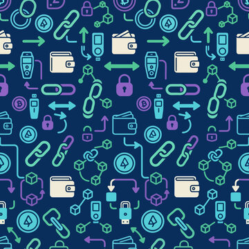 Cryptocurrency and blockchain technology icons seamless pattern background