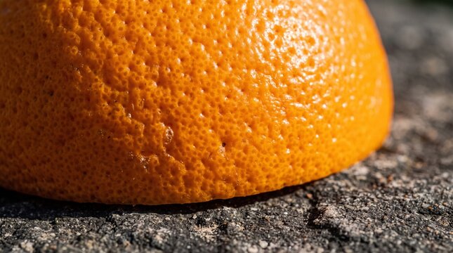 A close-up shot highlights the textured, dimpled orange peel of a fresh citrus fruit resting outdoors on a rough, sunlit stone surface.