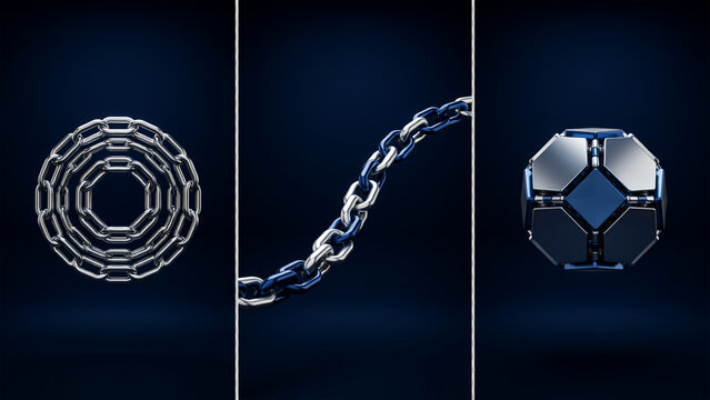 Three abstract geometric compositions with metallic chains and spherical structures on dark