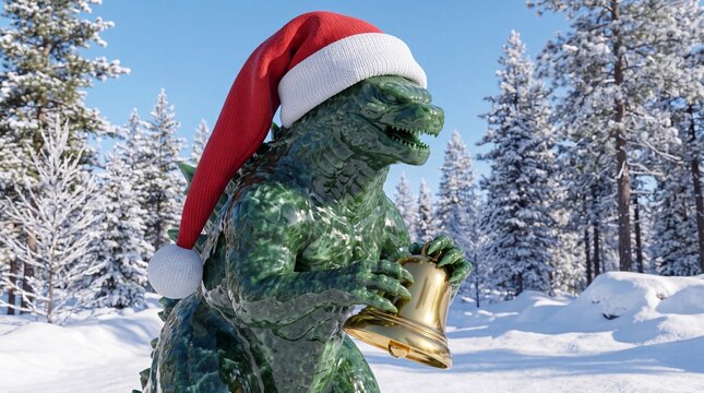 Green monster wearing Santa hat holding bell in snowy forest