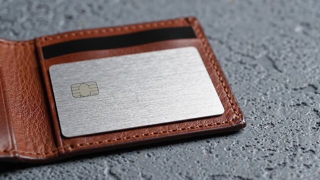 Premium blank silver metallic credit card with a microchip placed inside a brown textured leather wallet resting on a gray stone surface background
