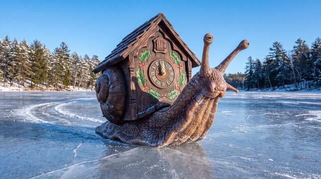 Whimsical snail carrying wooden cuckoo clock on frozen winter lake