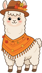 Fototapeta premium Cute cartoon llama wearing a festive autumn hat and orange poncho.