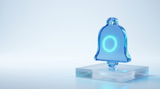 3D render of a translucent blue glass notification bell icon with a glowing cyan neon ring in the center, standing on a square frosted glass platform over a blue background.