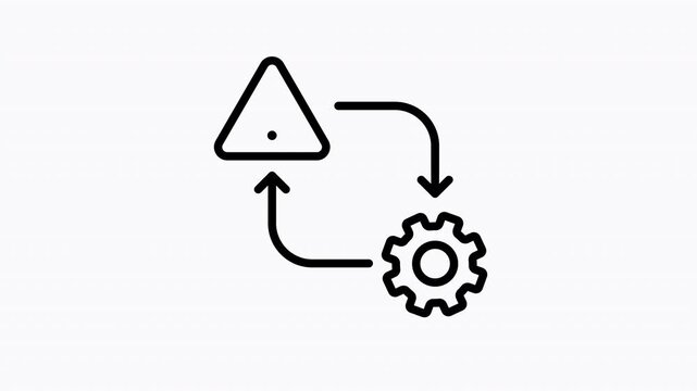 Animated risk management process line icon with blinking alert and warning symbols, featuring a rotating gear and flowing line animation. Outline style on a white background in 4K resolution.