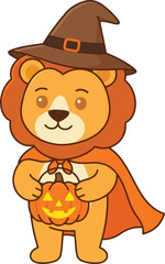 Obraz premium A cute cartoon lion dressed as a wizard holding a glowing jack o lantern.