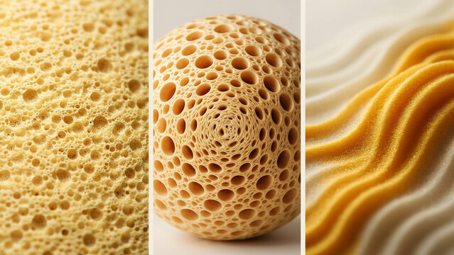 Three close up textures of porous yellow sponge and wavy layered