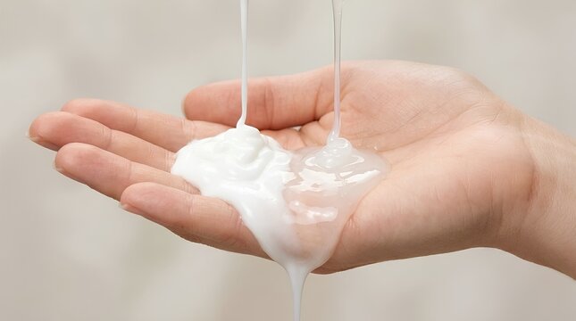 Pouring Shampoo and Conditioner Liquid onto Hand Close Up &ndash; Haircare Skincare Product Banner