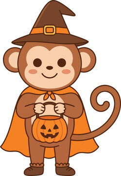 A cute cartoon monkey dressed in a witch costume holding a jack o lantern bucket.