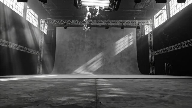 Dramatic studio explosion with dramatic background lighting and an empty film set for a cinematic scene