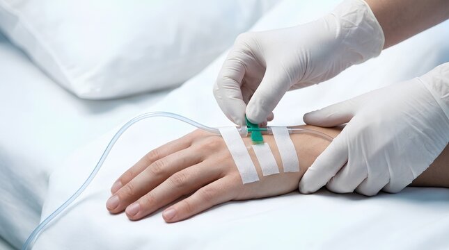 Nurse Adjusting IV Catheter in Patient Hand Close Up &ndash; Hospital Intravenous Medical Healthcare Banner