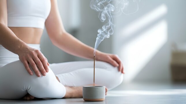 Burning Incense Stick with Smoke in Yoga Studio &ndash; Meditation Mindfulness Wellness Concept Banner