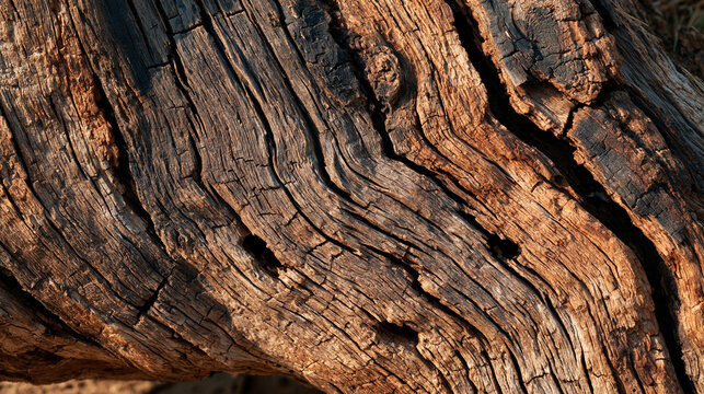 Natural wooden texture background. Closeup macro of old aged tree bark. Abstract oak tree nature backdrop or wallpaper. Unusual pattern surface with cracks, holes, curvy shape lines.