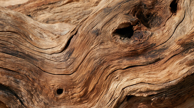 Natural wooden texture background. Closeup macro of old aged tree bark. Abstract oak tree nature backdrop or wallpaper. Unusual pattern surface with cracks, holes, curvy shape lines.