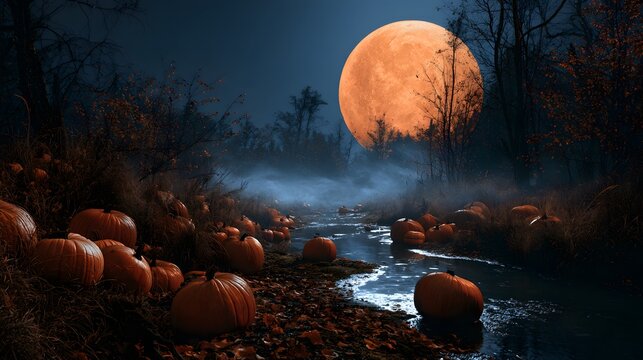 Spooky halloween pumpkin patch along a misty river under a giant glowing full moon in a dark forest
