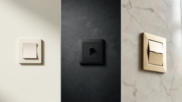 Three different electrical wall switches in white, black, and gold on various surfaces