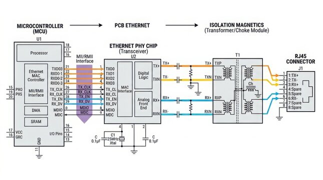 Electrical engineer analyzing ethernet communication circuit diagram in technical workspace with detailed schematic
