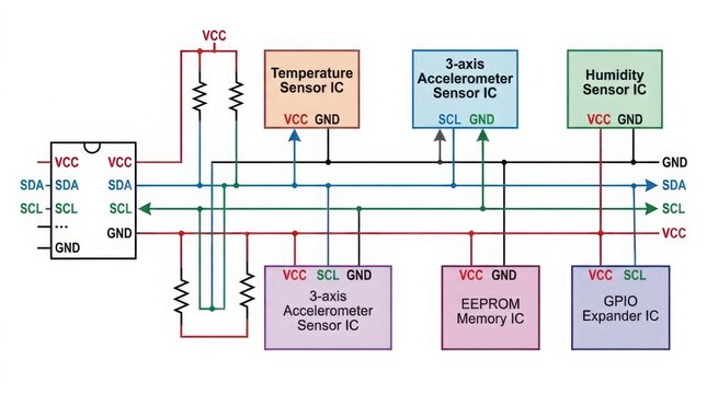 Engineer analyzing I2C communication circuit on schematic diagram with technical details