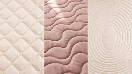 Fototapeta premium Three different quilted fabric textures in diamond, wavy, and concentric circle stitching