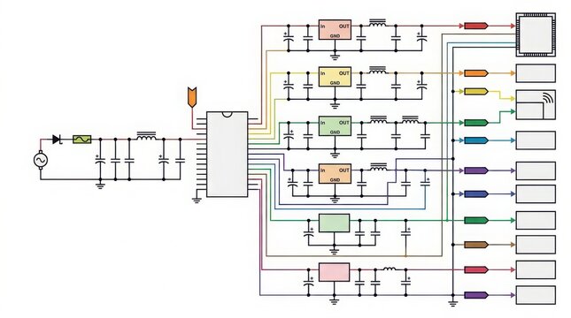 Engineer analyzing electronic circuit schematic diagram in technical environment with detailed components