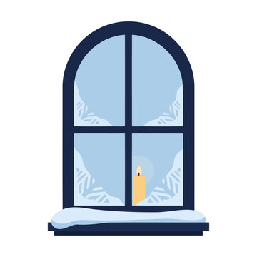 Pixel art window with a candle and snow on the sill during a cold winter night Vector