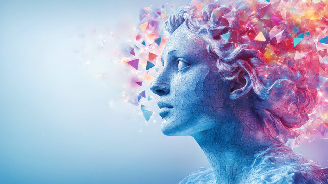 A blue stone statue profile with vibrant, colorful geometric fragments exploding from its head into light.   