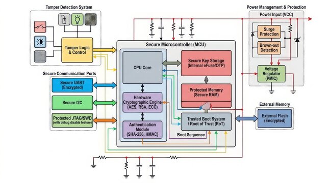 Engineer analyzing PCB security system architecture diagram in technical environment with detailed schematic