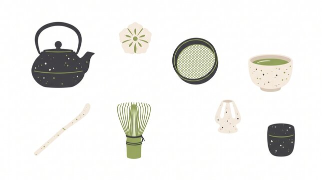 Set of matcha green tea ceremony icons flat vector illustration