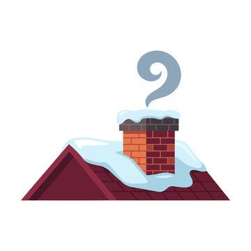 Brick chimney on a snowy house roof with smoke rising in winter Vector