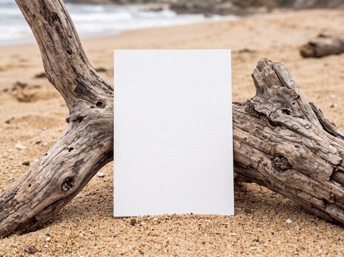 Blank white card mockup leaning on driftwood on sandy beach