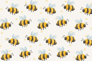 Fototapeta premium Cute watercolor bumblebee seamless pattern with yellow flowers on light background