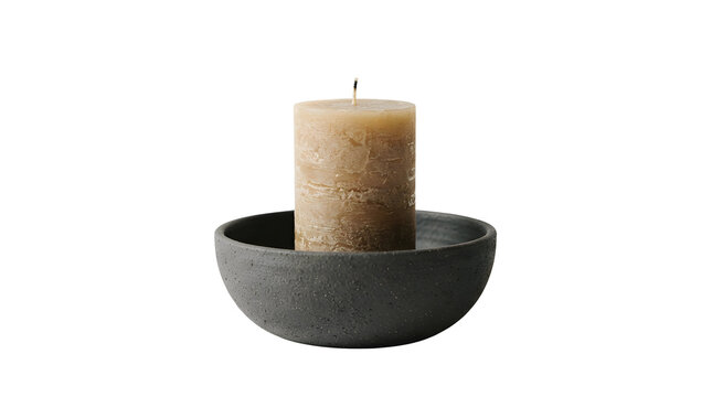 A solid cylindrical beige textured pillar candle featuring a dark burnt wick stands upright placed neatly inside a rounded dark grey speckled ceramic bowl presented against a clean plain white