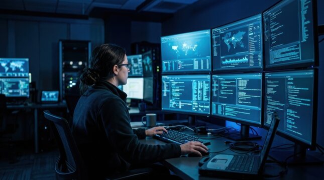 Cyber security expert analyzing code and data on computer screens in a blue lit control room