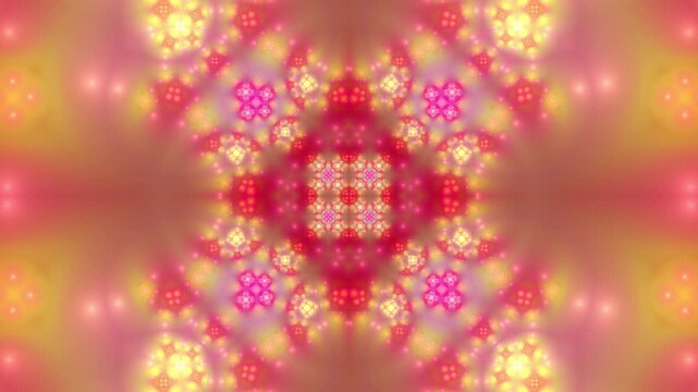 Glowing Pink and Gold Fractal Mandala Animation, Symmetrical Apollonian Gasket Pattern with Shimmering Lights