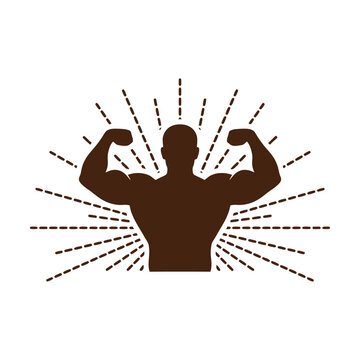 Strong muscular man silhouette flexing muscles with radiating light beams icon Vector