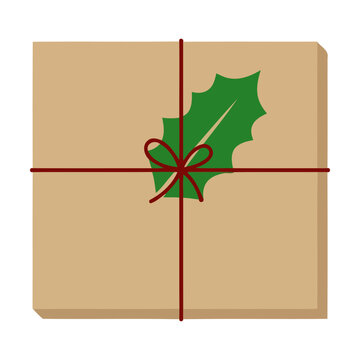 Square brown gift box wrapped with dark twine and a green holly leaf decoration for christmas Vector