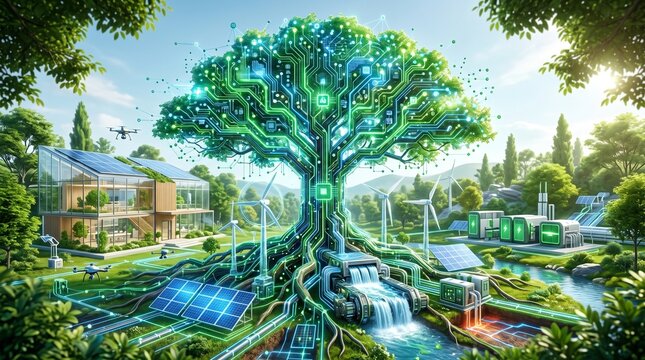 Futuristic green technology tree with glowing digital roots and sustainable eco energy