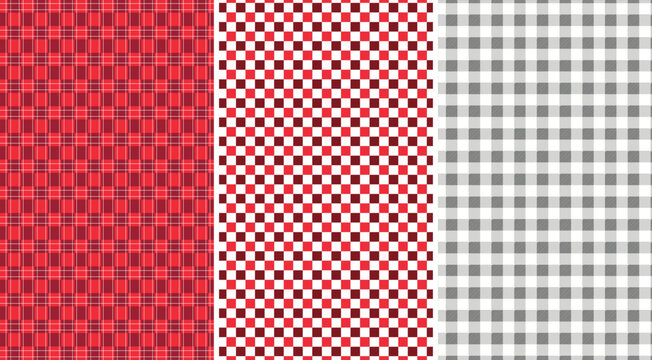 Set of three seamless geometric patterns featuring red and white checkered and grid designs for textile backgrounds