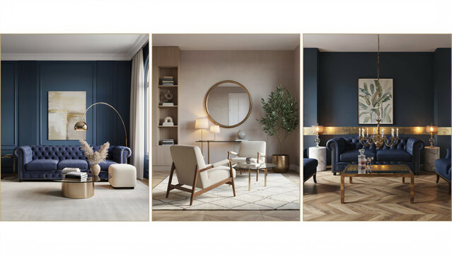 Three interior living room scenes with blue velvet sofas and neutral toned furniture pieces