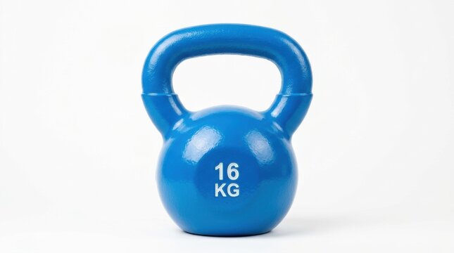 A single blue sixteen kilogram kettlebell isolated on a clean white background for fitness and strength training concepts