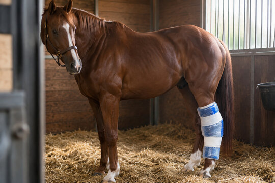 Racehorse in a stable with an ice pack wrapped around its hind leg.