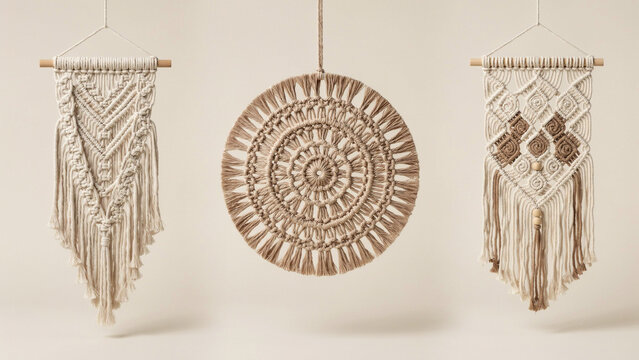 Three macrame wall hangings with intricate knots and tassels on a neutral beige background