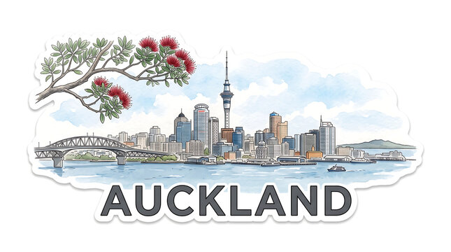 Auckland skyline, watercolor sticker, pastel tones, travel concept	